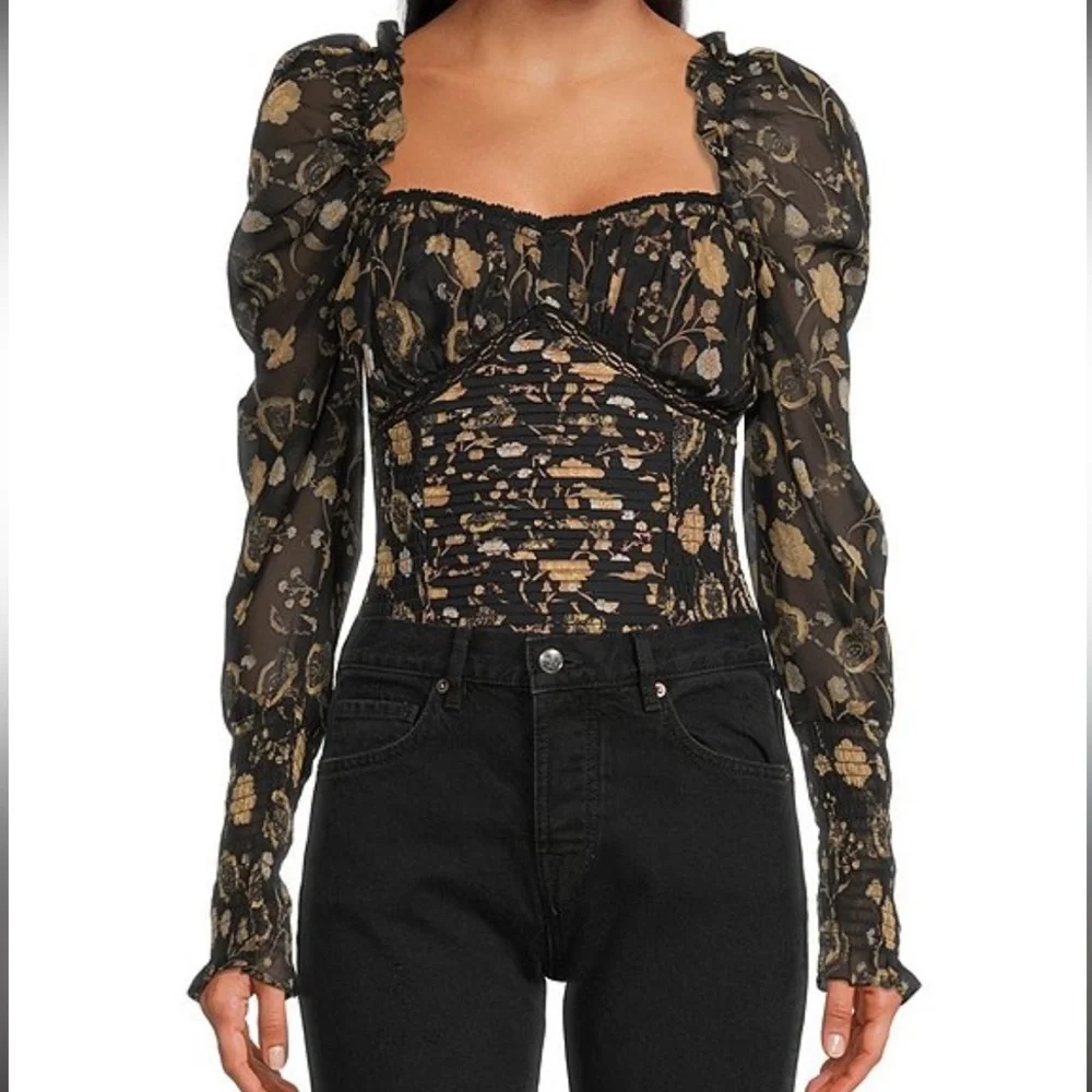 NWT Free People Intimately Brunch Daye Black Combo Floral Sheer Bodysuit